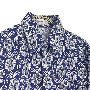 ヴィンテージ 70年代 80年代 ブルー トライバル シャツ - ボヘミアン プリント フェスティバル ボタンアップ ラージ