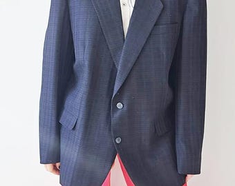 Vintage 90s Wool Blend Blazer - Oversized Navy Black Plaid Suit Jacket