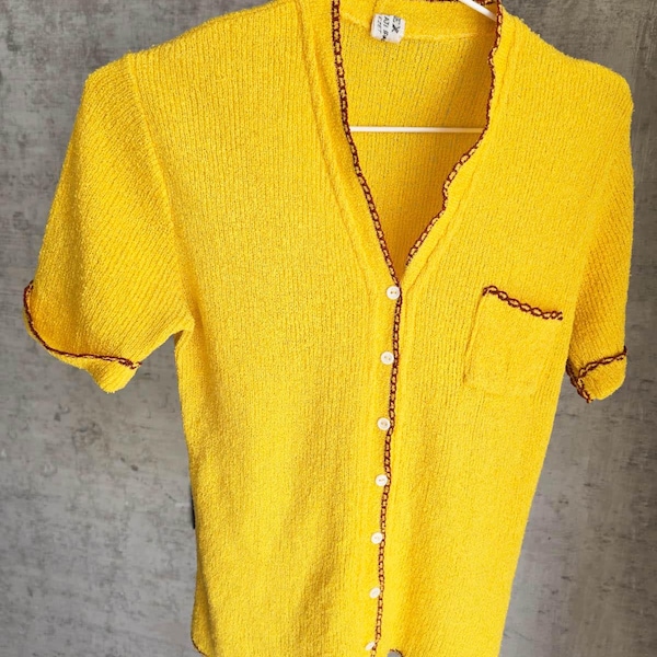 Vintage 70s Mustard Knit Top - Cardigan Seventies Button Front Yellow Short Sleeve Retro Medium