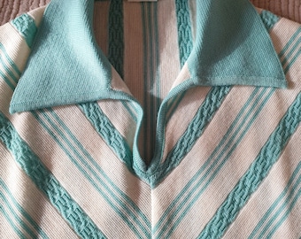 1980s vintage ocean blue - aqua color knit stripe collared top size M medium