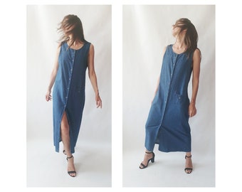 Vintage denim maxi dress, 1990s minimalist, 90s Y2K Cottagecore, indie, sleeveless dress