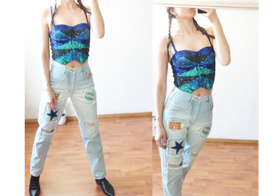 Patchwork Denim Women's Trousers / Retro 80s 90s Y2K Street Style