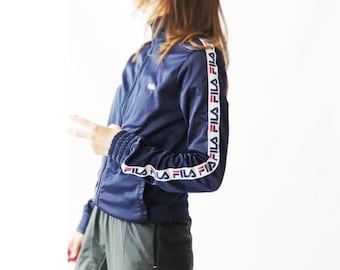 Vintage jaren 90 FILA marineblauw trainingsjack met rits, klein