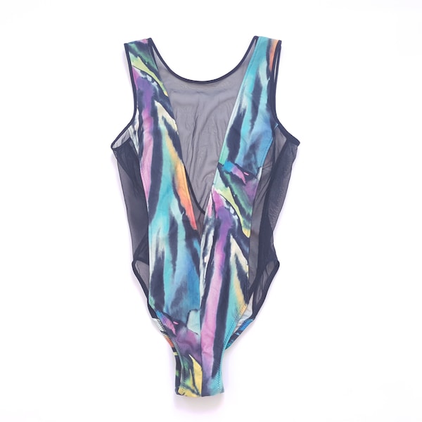 1980s Grace Jones swimsuit / vintage 80s 90s multicolor transparent one piece mesh bikini swimwear