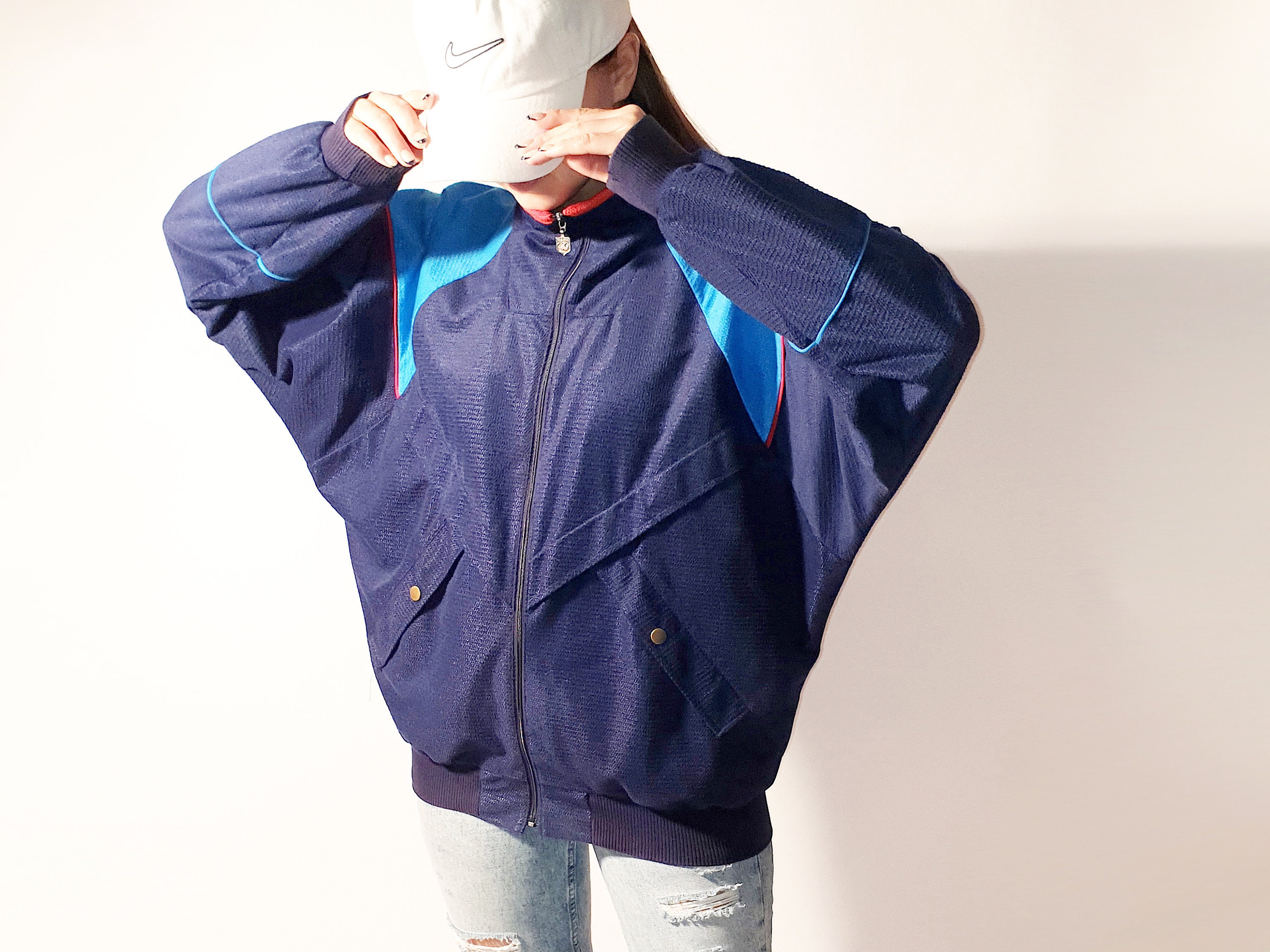 Image of Made in Finland Vintage 80S Blue Bomber Track Jacket Sportswear 90S Clothing Men Navy Red Colour Block Retro Windbreaker Size M