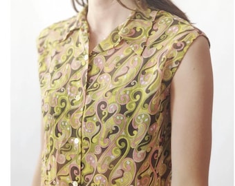 Vintage 70s Green Boho Top -  Festival Blouse sleeveless S - M