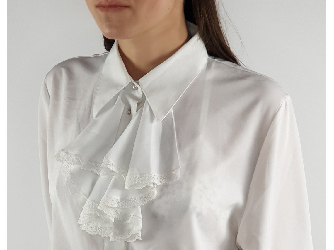 Vintage jabot collar shirt white frill lace collar long sleeve Etsy