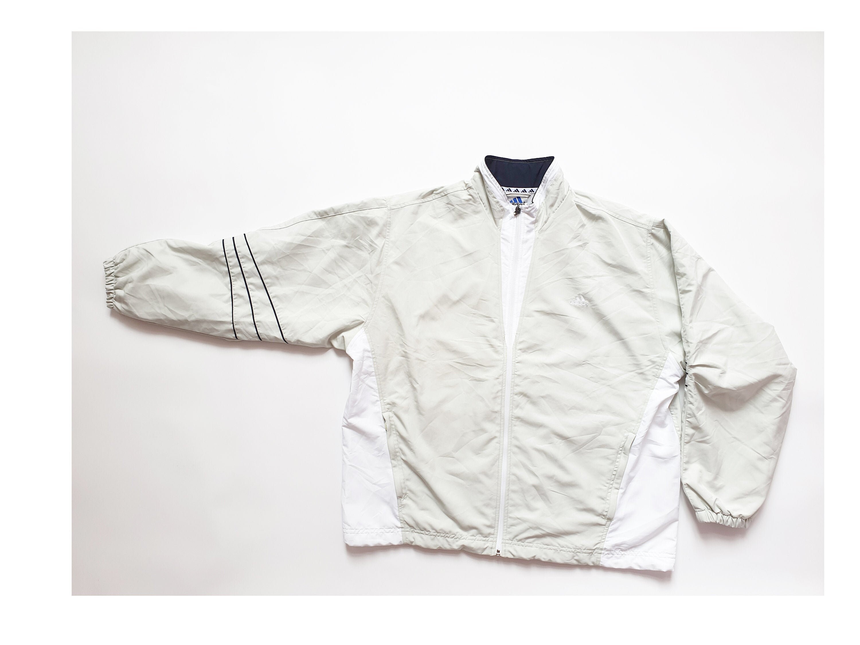 Image of Vintage Adidas Light Grey Windbreaker Lightweight Track Suit Jacket White With Three 3 Black Stripes Brand Logo Men 90S Sportswear Size M L
