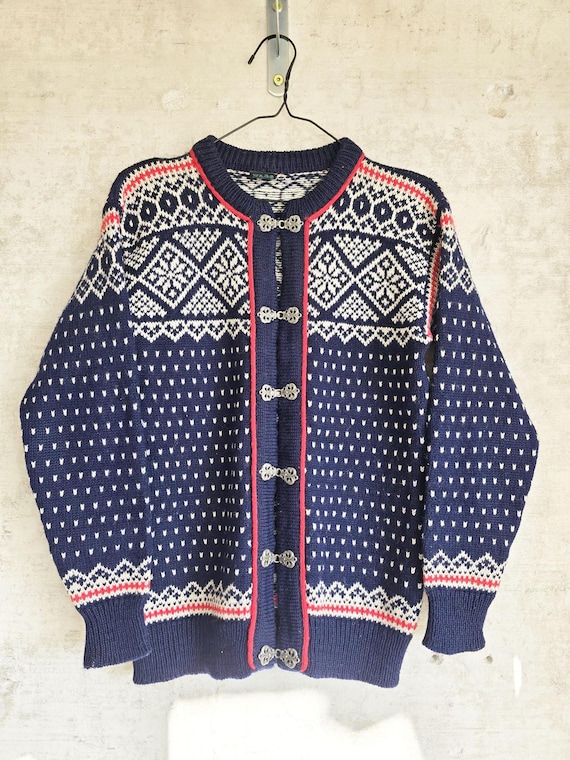 Vintage Fair Isle Norwegian Wool Cardigan - Navy Trachten Traditional Sweater Small