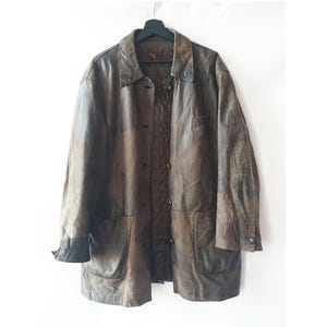 Vintage Brown Leather Jacket - 90s Distressed Workwear Oversized Coat