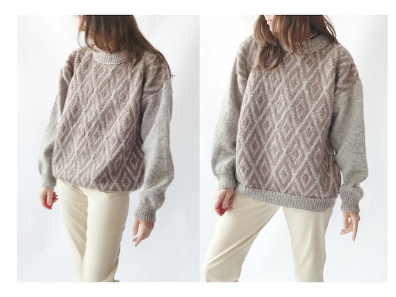 Vintage unisex knit sweater, knitted boho geometr… - image 1