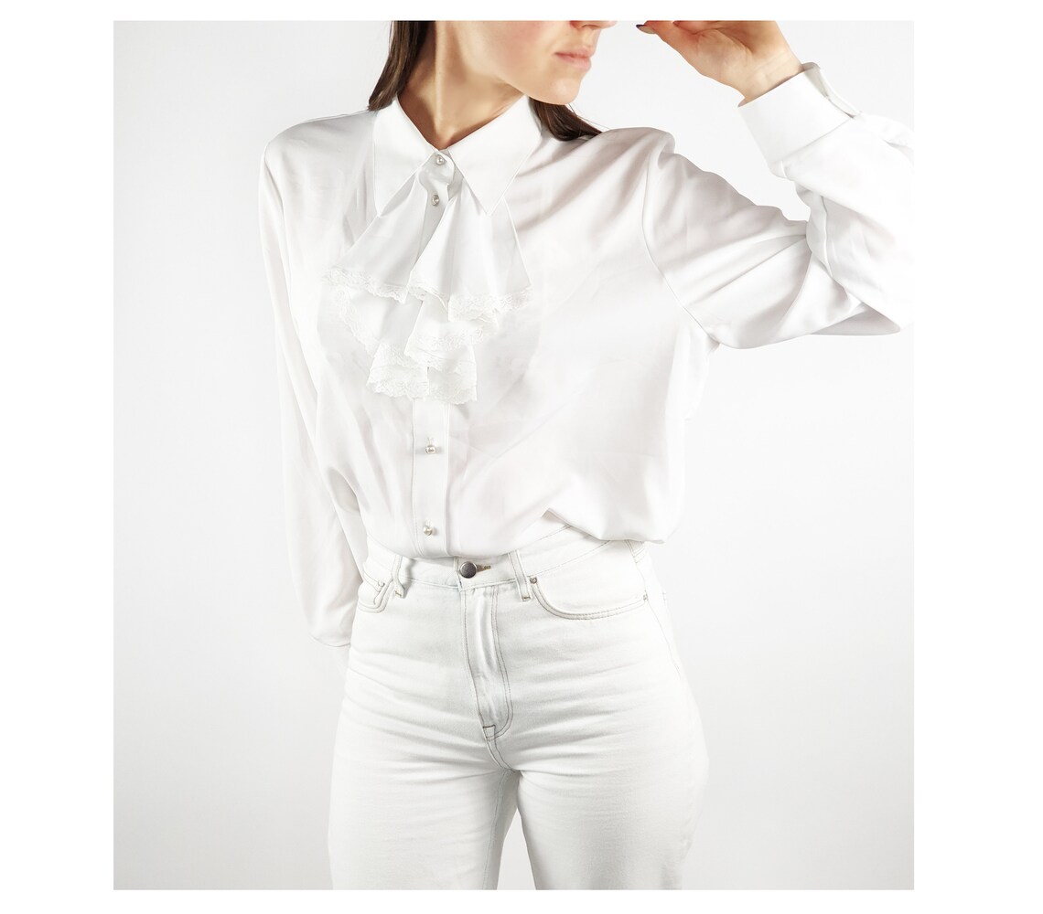 Vintage jabot collar shirt white frill lace collar long sleeve Etsy