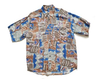 Vintage bowling shirt, 1980s men's psychedelic print, short sleeve, button up shirt size L large