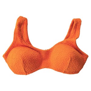 Vintage 70-80-tals orange bikinitopp med strukturerad bouclé-baddräkt med strukturerad kupa, breda axelband, liten