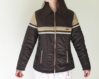 Vintage 70s brown padded jacket with stripes – winter zip coat, size S