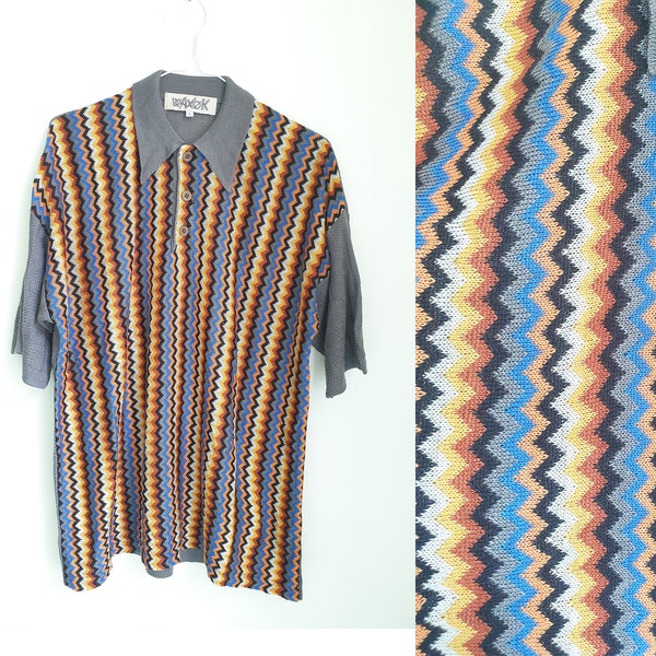 1970s - Y2K vintage men's knit top, 70s style shirt from 90s, rainbow zig zag, short sleeve, rockabilly, polo, vintage shirt, size L