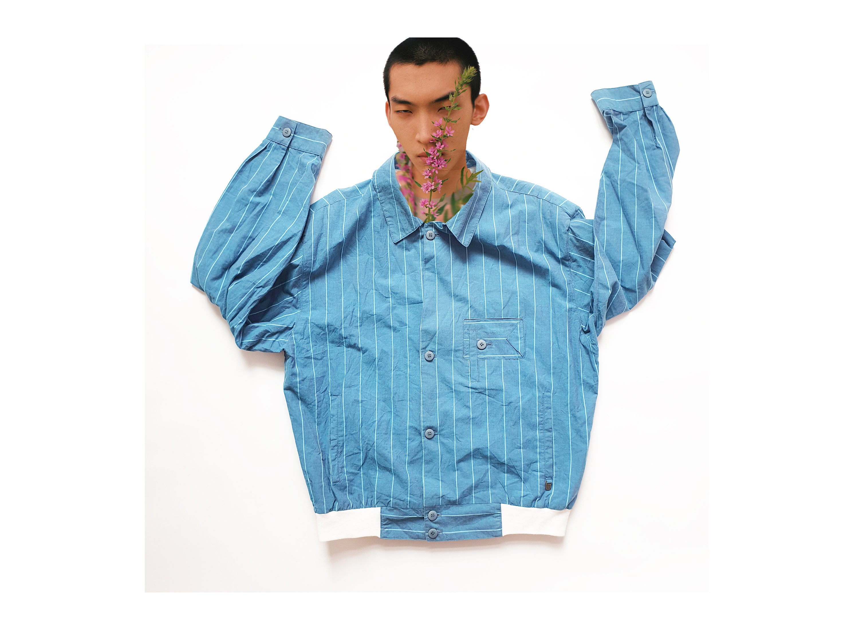 Image of 90S Men's Striped Cotton Blazer Bomber Jacket Blue White Wide Stripe Vintage Windbreaker Unisex Women Retro 80S 70S Clothing Size M L