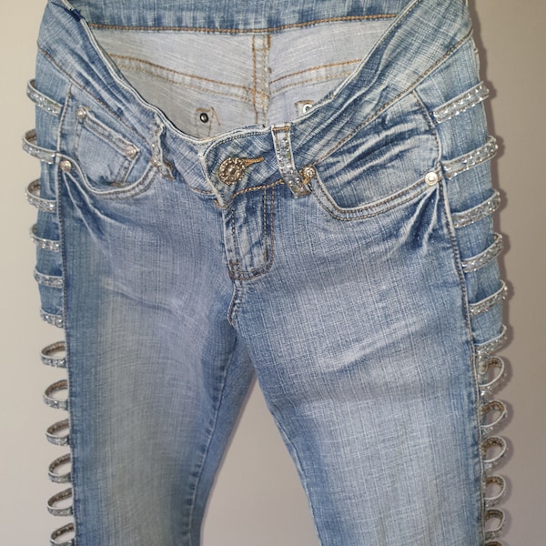 Y2K rhinestone denim trousers, embellished cut out sides, low rise waist slim denim jeans, size S small