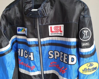 Vintage Y2K Black Blue Men's Motorcycle Jacket with Logos XL