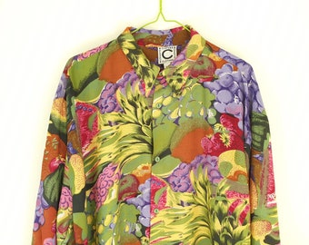 Hergestellt in Großbritannien, 1990er-Jahre-Vintage-Herrenhemd mit Erdbeer-Trauben-Frucht-Print und Knöpfen