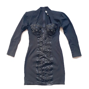 Vintage Black Bodycon Mini Dress - Beaded Corset Long Sleeve