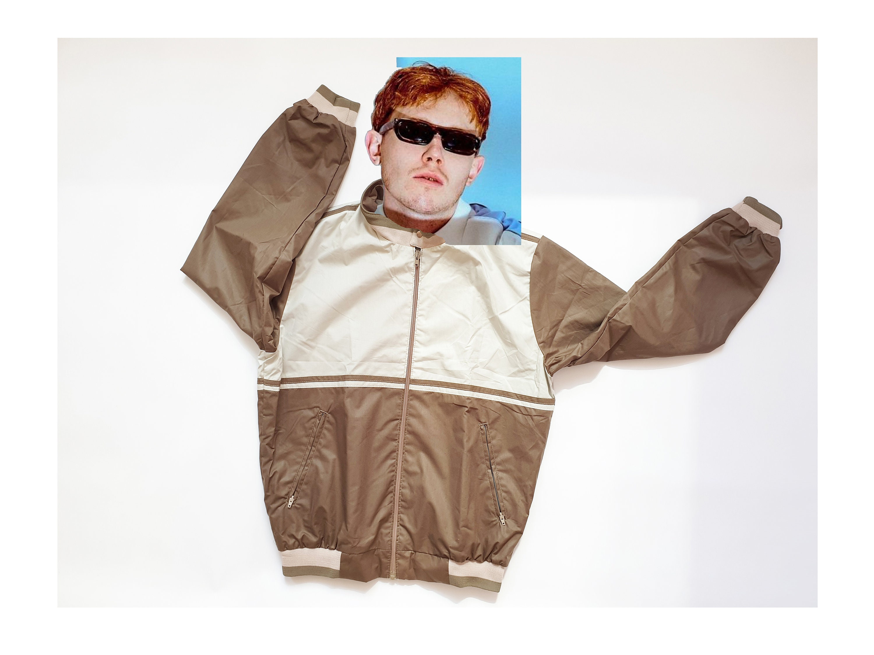 Image of Vintage Cotton Bomber Men Unisex Women Brown Beige Colour Block Track Jacket 70S 80S 90S Retro Lightweight Windbreaker Men's Women's Size M