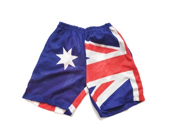 Vintage Australia Flag shorts  made in Western Australia, 90s clothing, grunge, pop art, bermuda beach shorts,  size S small