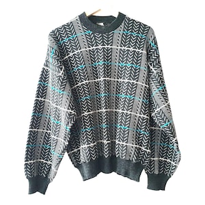 80s Vintage Gray Sweater - Geometric Long Sleeve Pullover L