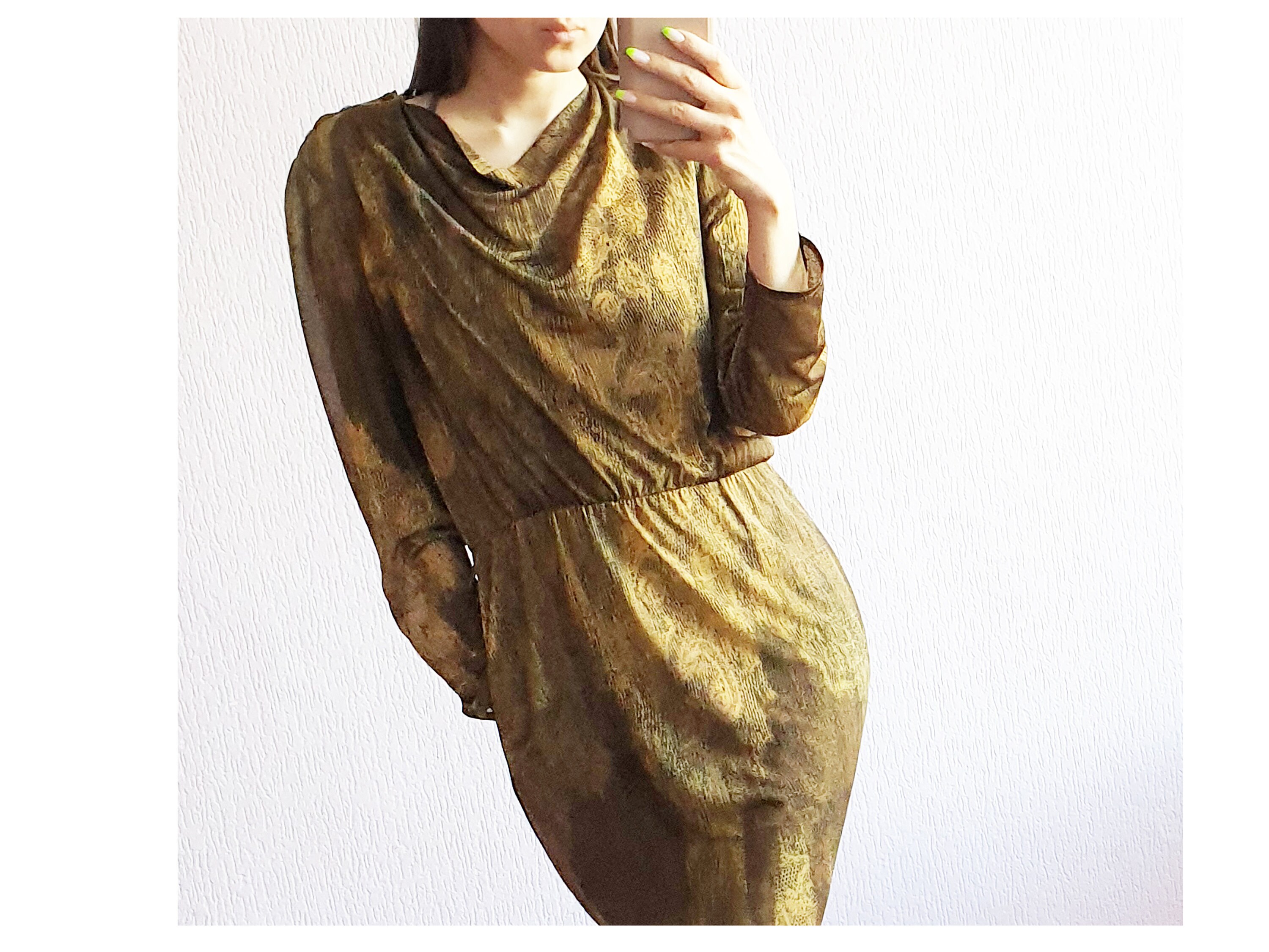 Image of Vintage Long Sleeve Casual Dress With Pockets Brown Rustic Boho Copper Midi Comfy Jersey Retro S S S Clothing Women Size M