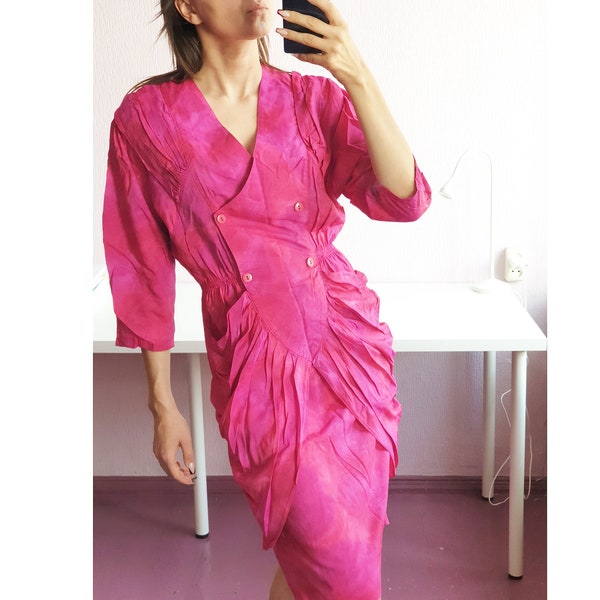 Vintage 1980s hot pink Fuchsia tie dye dress