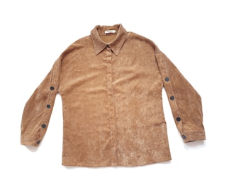 90s Brown corduroy button up sleeve shirt blouse Womens Top S - M