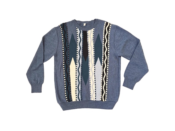 Vintage 80s 90s Blue Knit Sweater - Geometric Unisex Wool Blend Pullover