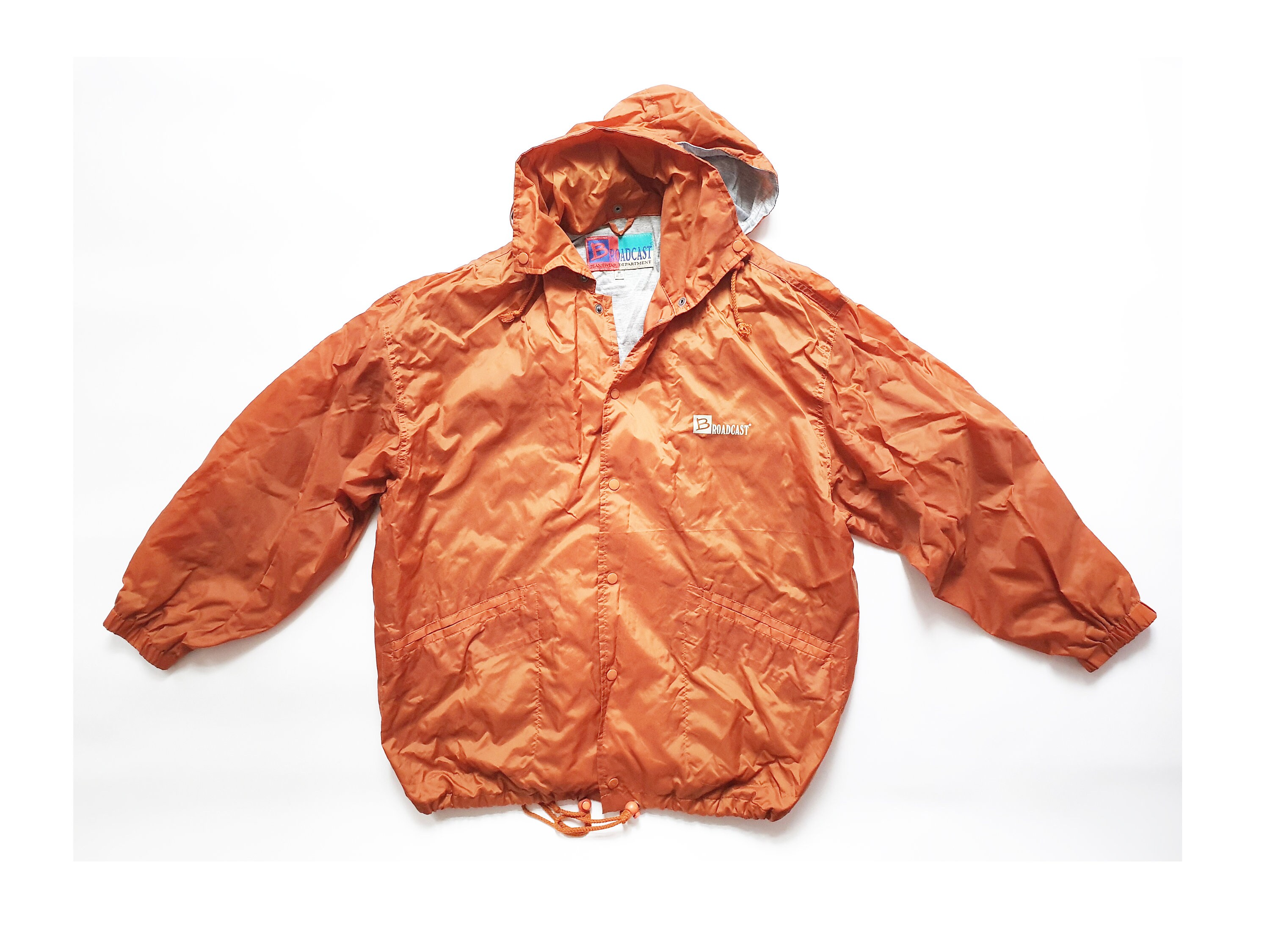 Image of Vintage Men's Raincoat Windbreaker Hooded Jacket Copper Orange Brown 90S Hood Bomber Retro Men Clothing Size M L