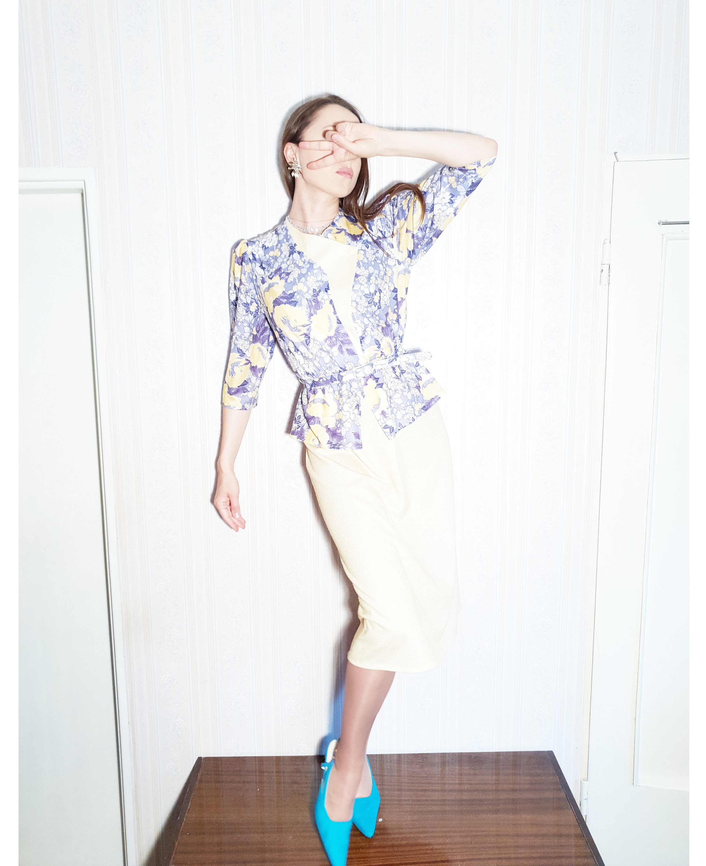 Image of Made in Britain S Midi Floral Dress, Vintage Purple Yellow Summer Long Sleeve Boho V-Neck Retro S Casual Hippie Festival Wear, Size S M