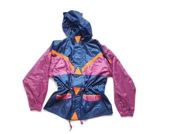 Vintage Color Block Hooded Windbreaker, Outdoorjacke, 90er Jahre Kleidung, retro Oberbekleidung, Größe M medium