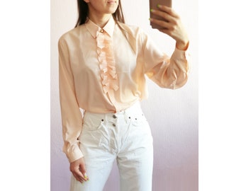 Vintage Ruffle blouse, Wedding Singer, 90s clothing, Pastel salmon color shirt, vintage clothing