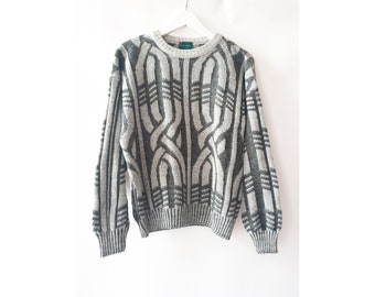 Maglione geometrico in lana grigia da uomo vintage anni '80, taglia M