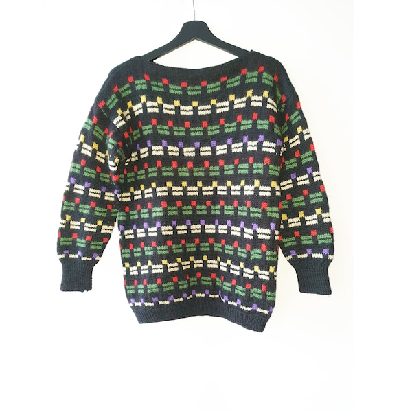 Vintage Geometric knit sweater, 90s multicolor knitted boho geometric pullover jumper