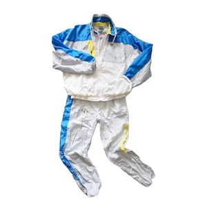Vintage 80er 90er Colorblock Trainingsanzug Set Blau Weiß Nylon Windbreaker Jacke & Hose