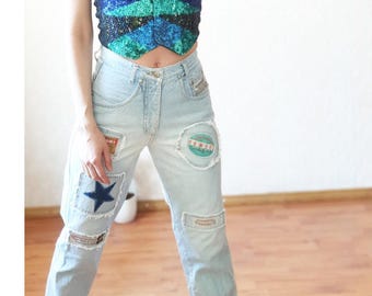 Jeansy vintage Patchwork Blue Denim Jeans - Lata 90., jasne, sprane - WYPRODUKOWANO WE WŁOSZECH - XS