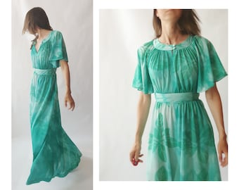 1980s sheer maxi dress / Vintage 80s 70s floral short sleeve fit and flare a-line summer festival dress