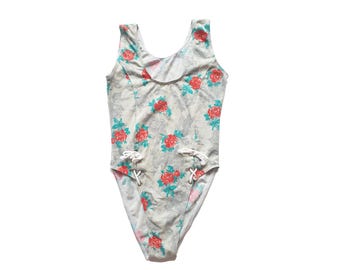 Vintage 80s 90s Laced Leotard - Floral Gray Body Top Small