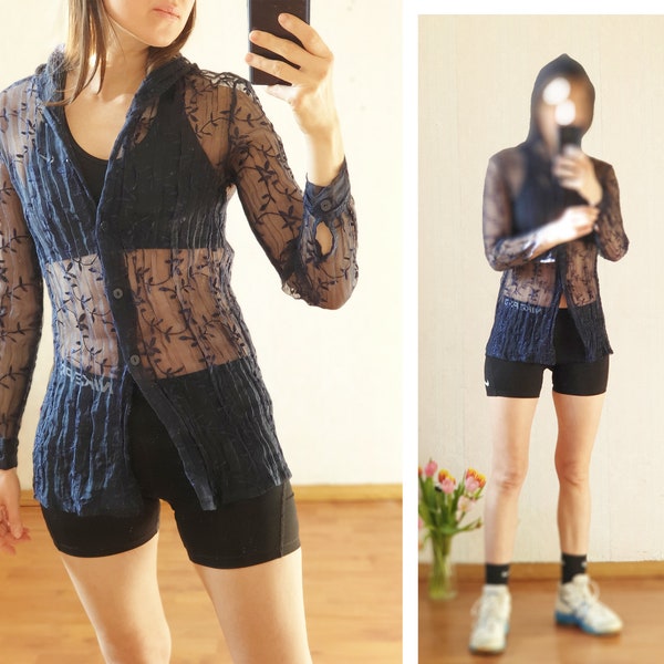 1990s transparent floral lace top, vintage, 90s, Y2K, retro, romantic, streetwear, rave, hooded top, button up, sheer blouse size S small