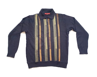 Polo vintage anni '90 da uomo, taglia M, nera, in misto lana, a righe, stile retrò.