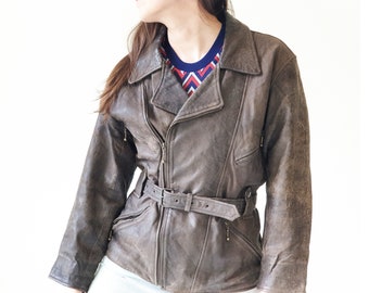 90s Vintage Brown Leather Jacket - Faded Belted Fitted Women's Coat Small