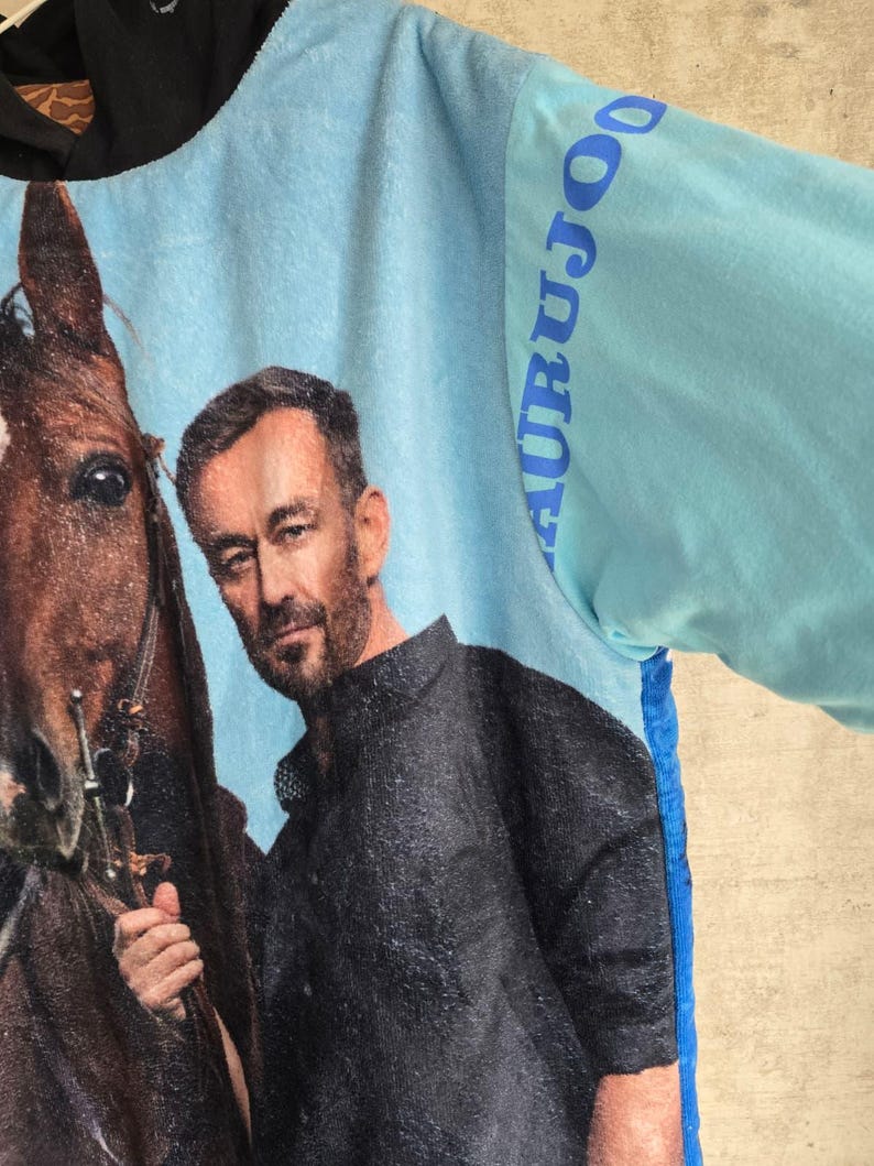 Pu&ograve; includere: Una felpa con cappuccio azzurra con una grande stampa grafica di una persona con un cavallo marrone. La persona indossa una camicia nera. La manica presenta la scritta AURUJOO in blu. Cappuccio nero e pannello laterale blu testurizzato.