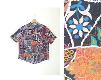 chemisier hippie ethnique multicolore vintage, patchwork, chemise Festival, haut floral, chemise à manches courtes, boho, chemisier vintage, vêtements vintage