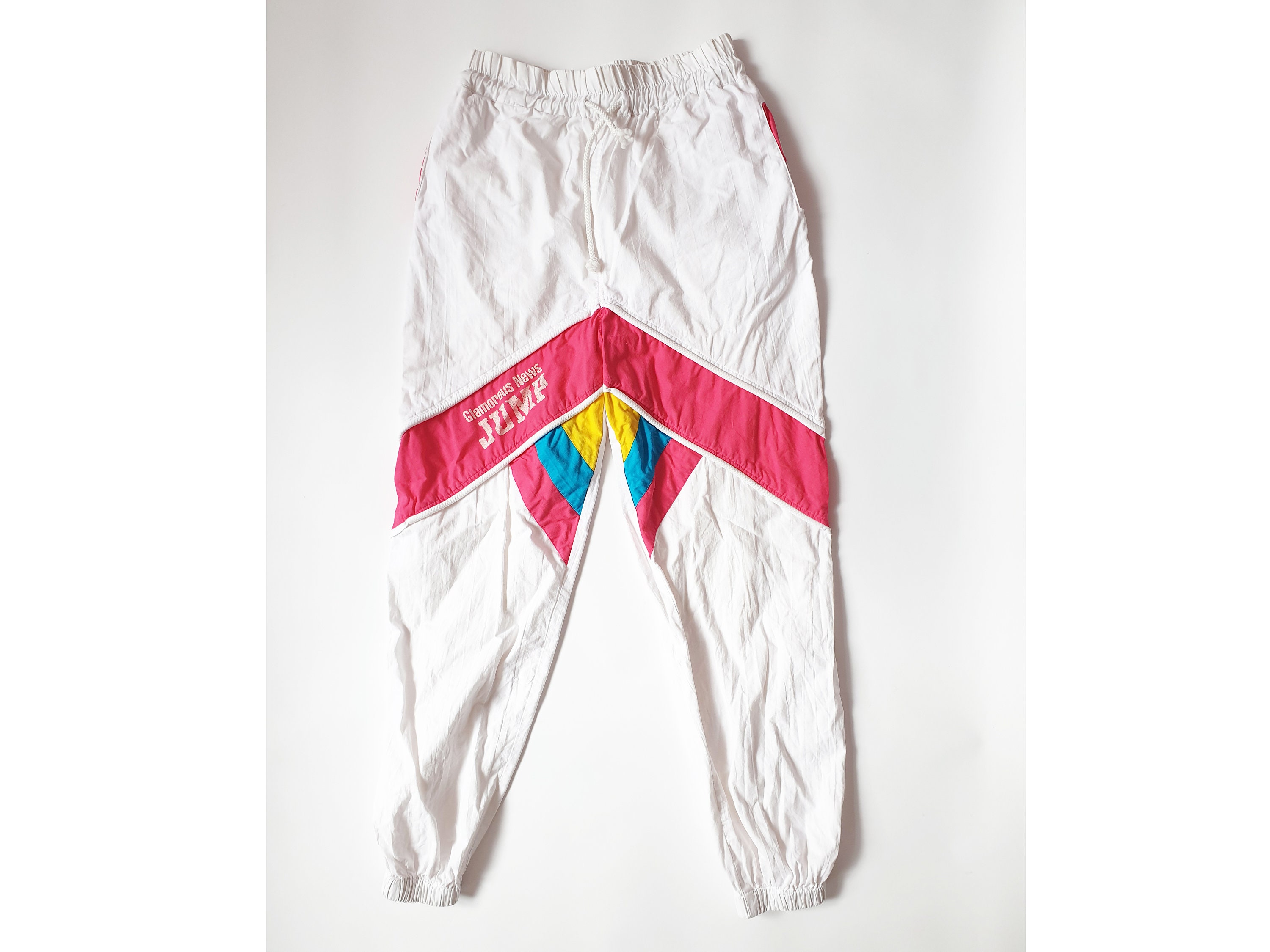 Image of Vintage Track Pants White Pink Retro S Sports Trousers Cotton Activewear Sportswear Colour Block Size M