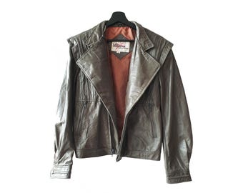 Vintage 80s Gray Leather Rocker Bomber Jacket