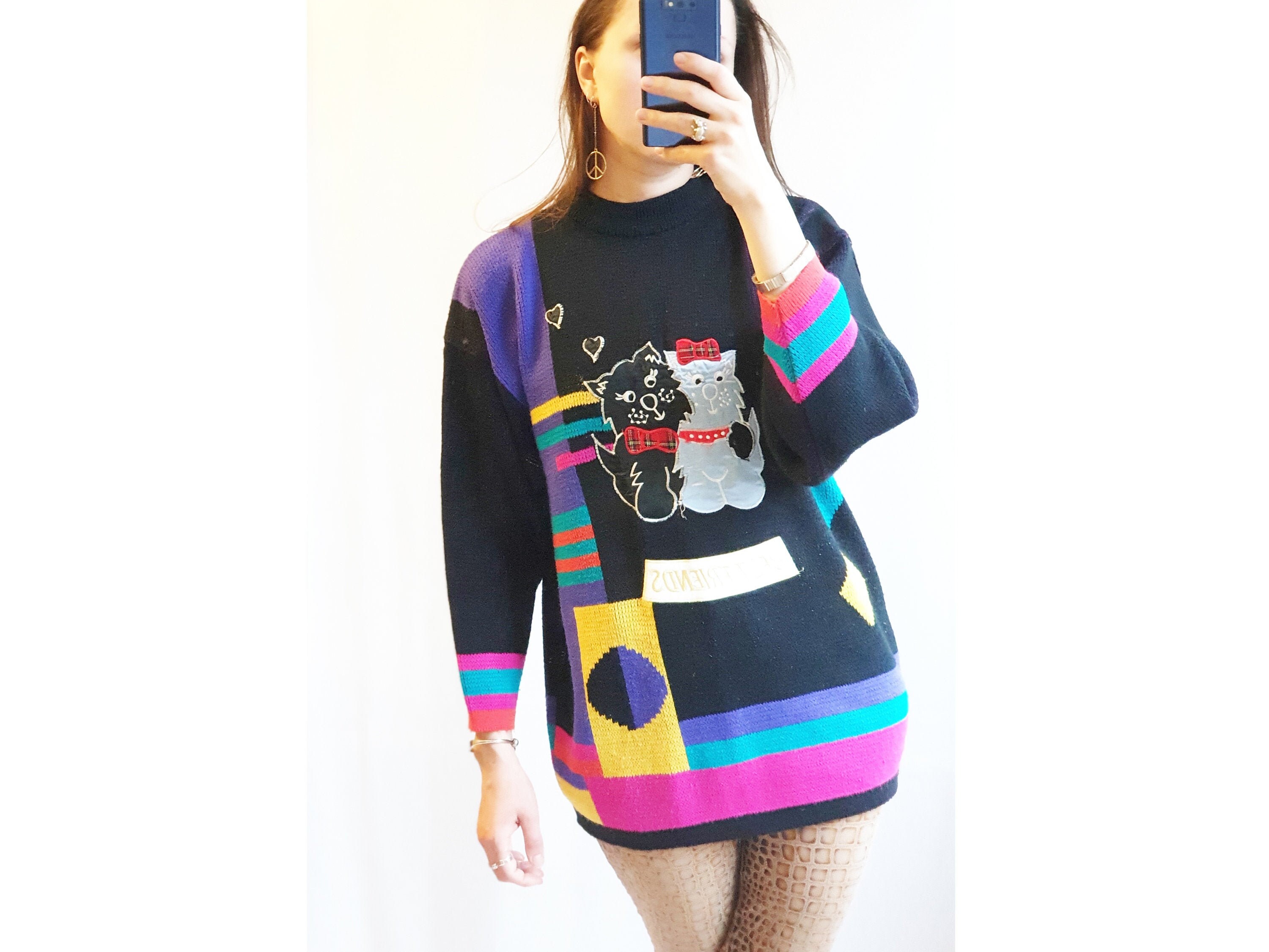 Image of Best Friends Cats Hearts Colourful S Sweater Black Pink Purple Animal Cat Funny Cartoon Colour Block Vintage S Pullover Jumper Size M